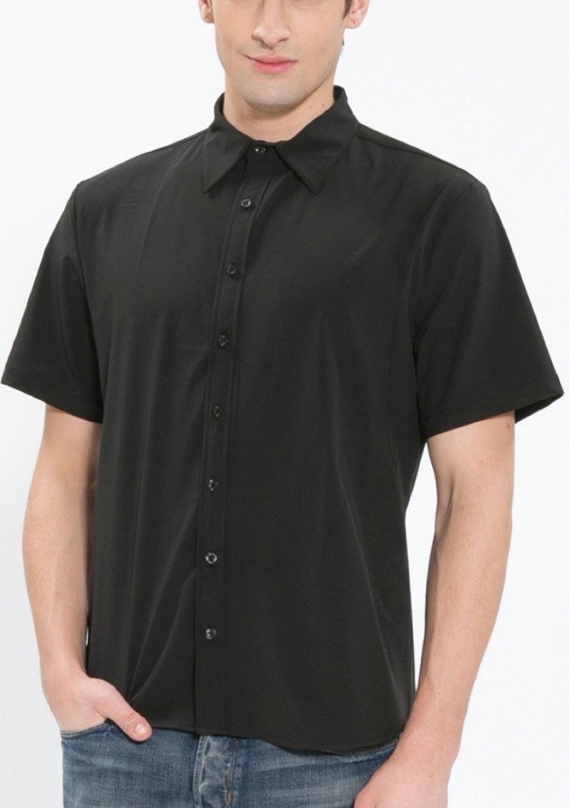 Y-102S 남성 반팔 단색 셔츠(블랙)폴리 사방스판 신축성  4계절부드러운 촉감